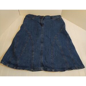 VTG New York & Co Blue Denim Paneled A-Line Flare Midi Skirt Womens 14 Y2K Boho